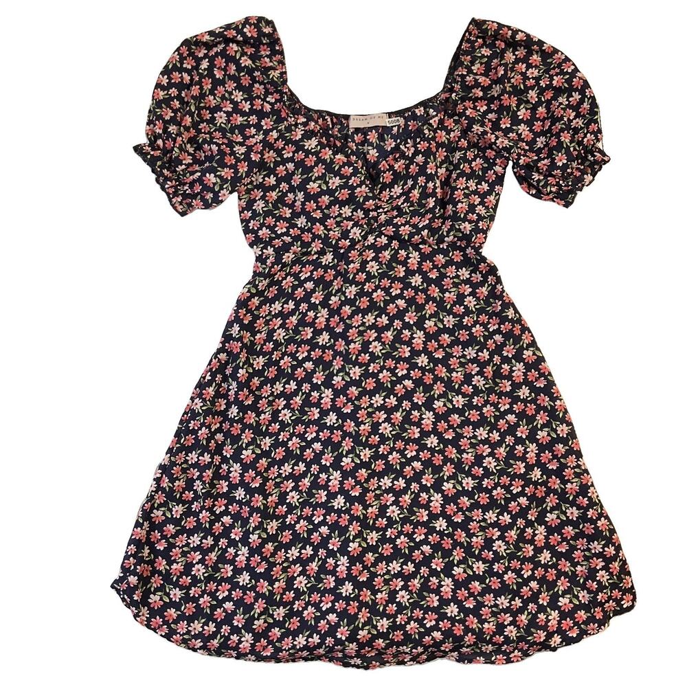 Dream Of Me Women Dress S Navy Floral Fit & Flare Ruffle Short Sleeve Lined Knee
